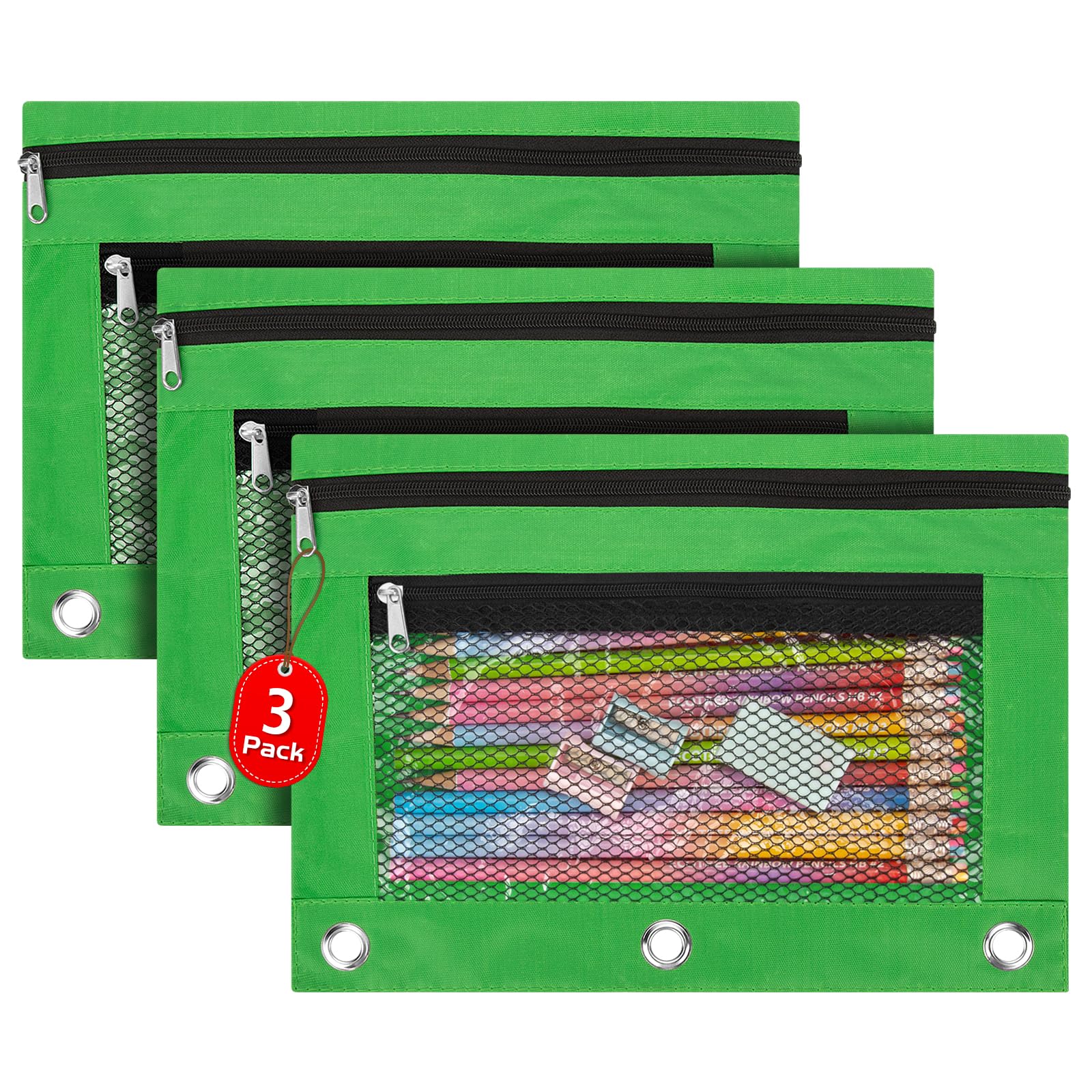 IKAYAS 3 Pack Pencil Pouch for 3 Ring Binder with Zipper, Pouch Bags for Classroom, Storing School Supplies, Green