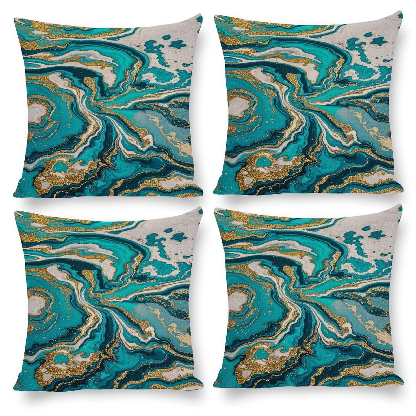 Housse de coussin bleu turquoise et marbre doré 41x41 cm pour salon