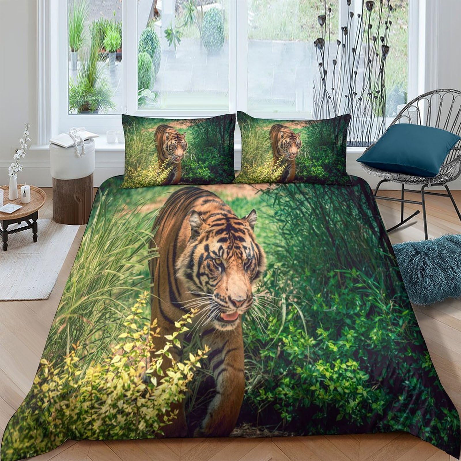 Ctjqhvkz Style-3 3D Printed Jungle Tiger Fitted Sheet Microfiber Soft Breathable Wild Forest Bed Cover For Bedroom Decor Protection Single（135X200cm）