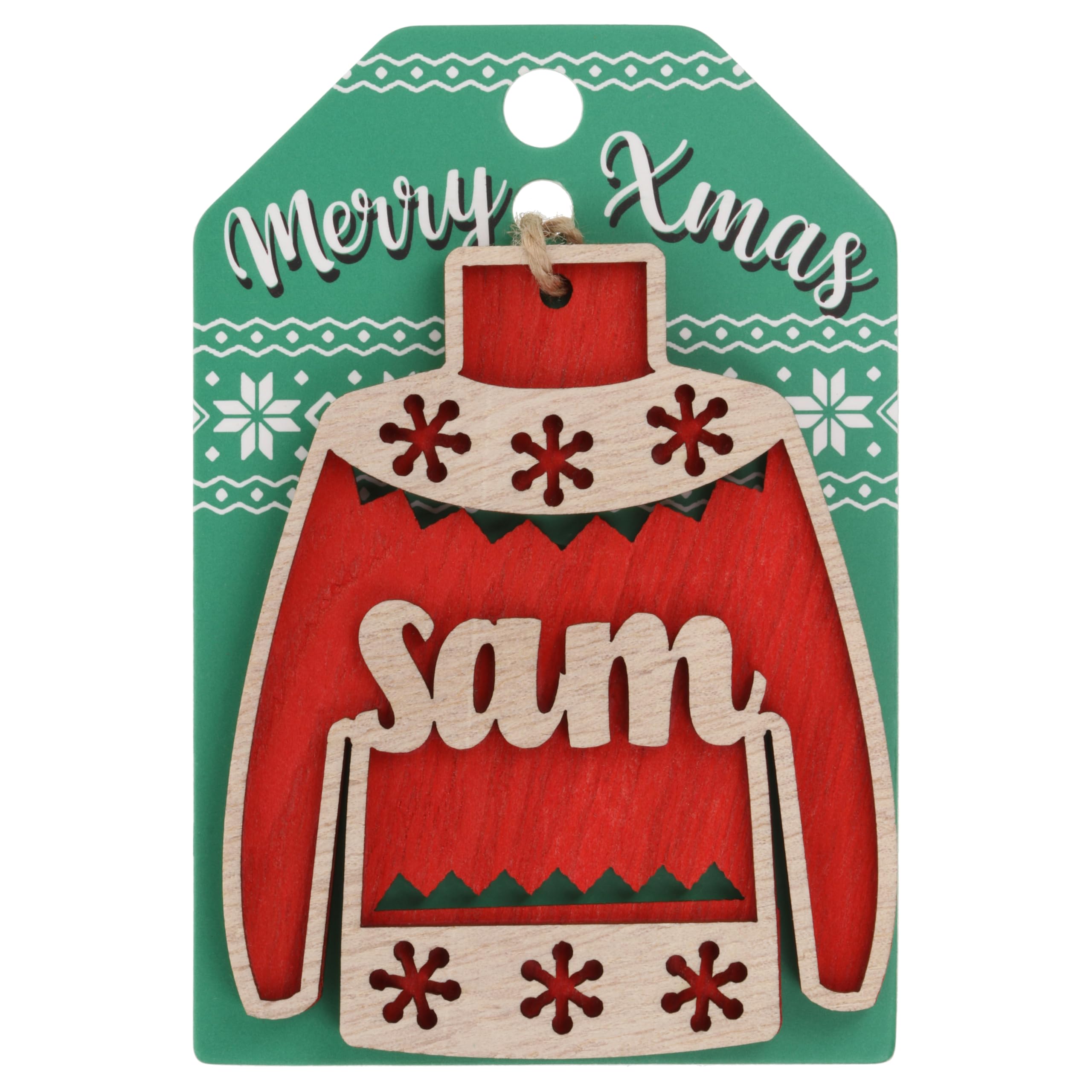 Sam Name Christmas Jumper Wooden Tree Decoration Personalised Bauble Xmas Red