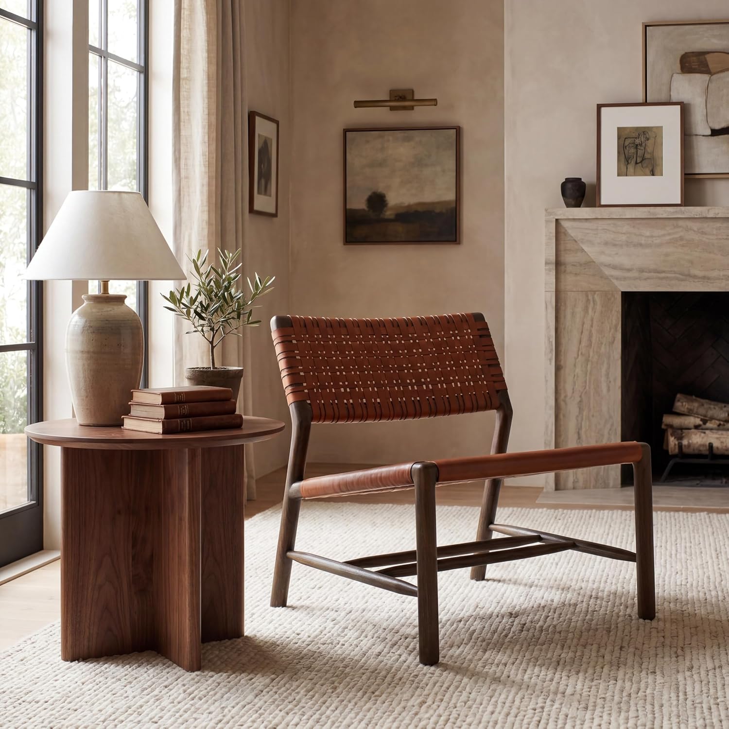 SAFAVIEH Couture Collection - Valdina Brown & Walnut Woven Leather Accent Chair, Low Profile Design, Solid Wood Frame, Fully Assembled (SFV1904B)