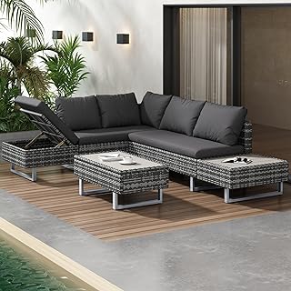 Rtopsu Polyrattan Gartenmöbel Sitzgruppe Sofa Set für 5 Personen, Gartenlounge Balkonmöbel Terrassenmöbel mit Ecksofa Gehärtetem GlasTisch und Auflagen für Innenhof Garten Balkon, Grau