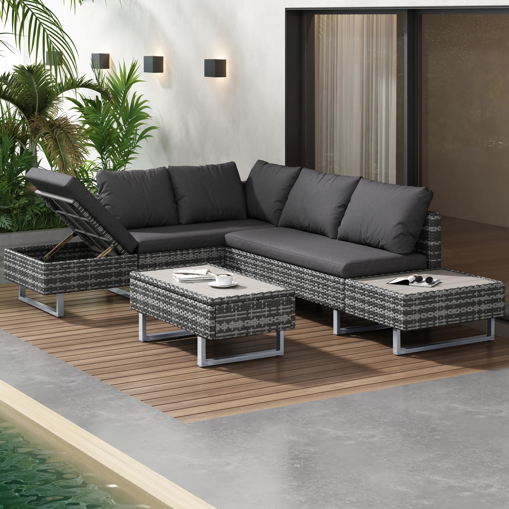 Rtopsu Polyrattan Gartenmöbel Sitzgruppe Sofa Set für 5 Personen, Gartenlounge Balkonmöbel Terrassenmöbel mit Ecksofa Gehärtetem GlasTisch und Auflagen für Innenhof Garten Balkon, Grau