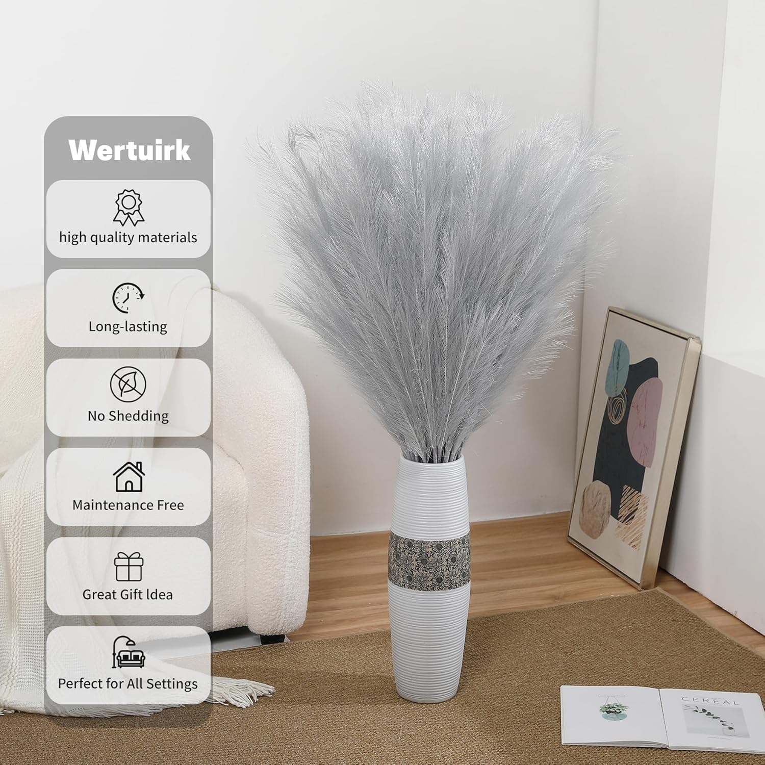 Wertuirk Silver Pampas Grass Decor, 8 Pcs 45 Inch Tall Large Faux Pompous Grass, Long Artificial Flowers for Floor Vases, Wedding Centerpieces, Baby Shower and Home Decoration (Silver)