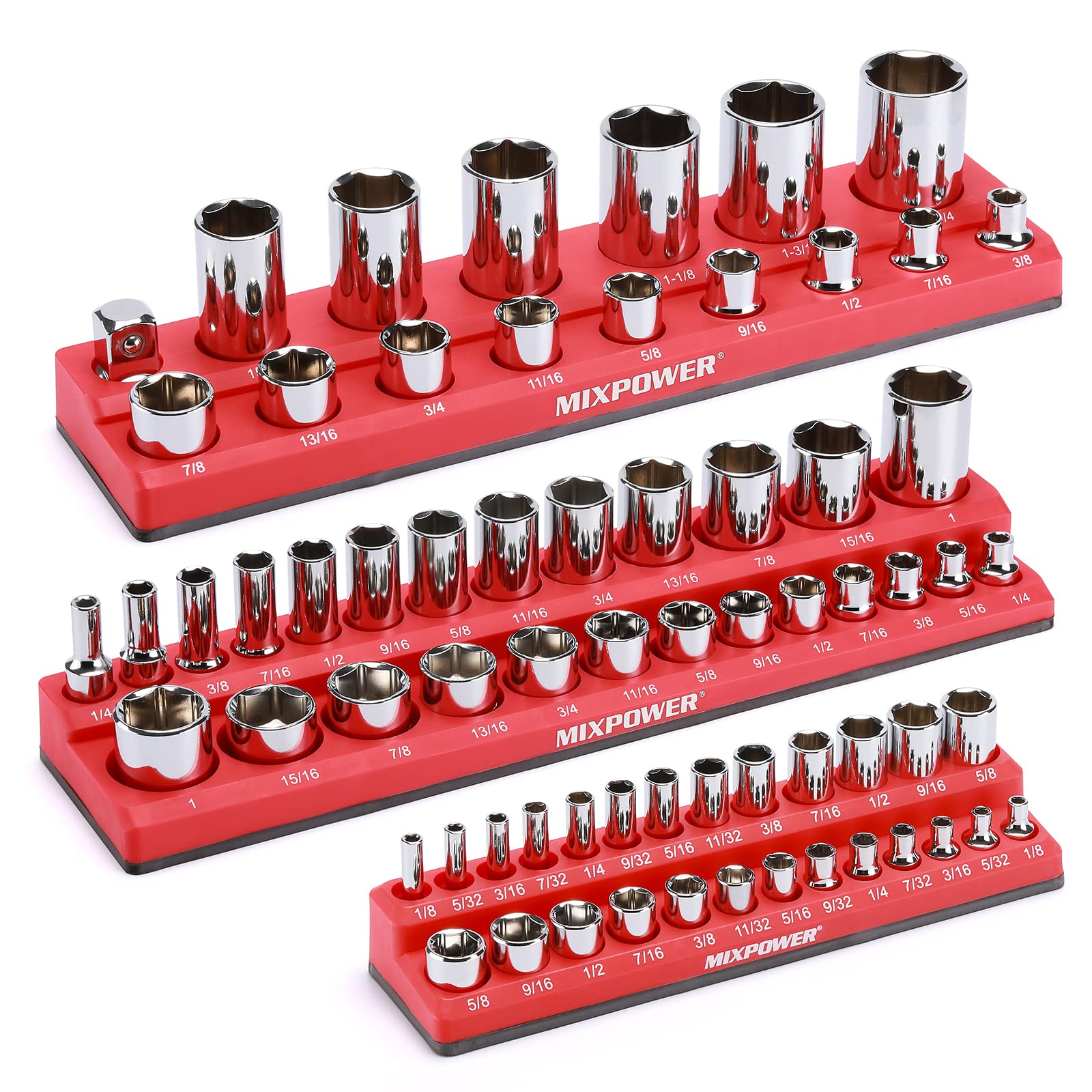 MIXPOWER 1/4",3/8",1/2"Drive SAE Magnetic Socket Organizers, Total 68 Slots, SAE Socket Holders for Tool Chest, Sockets not Included
