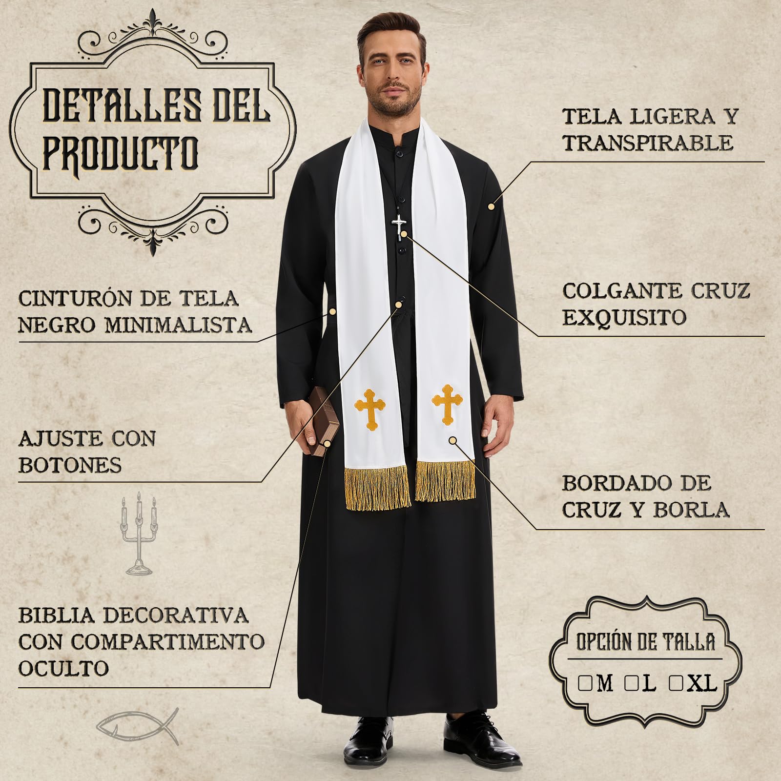 BuzzoXerex Disfraz Cura Hombre, Disfraz Halloween Hombre Adulto, Disfraz de Cura Hombre con Estola, Cadena con Cruz, Cinturón y Caja para Guardar la Biblia para Halloween Carnaval Cosplay