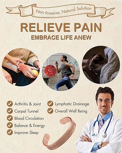 Miniatura 6 de Feraco Pulsera de cobre puro para hombres, pulseras de terapia magnética de fuerza mejorada 18X con 3500 imanes de neodimio Gauss, brazalete de