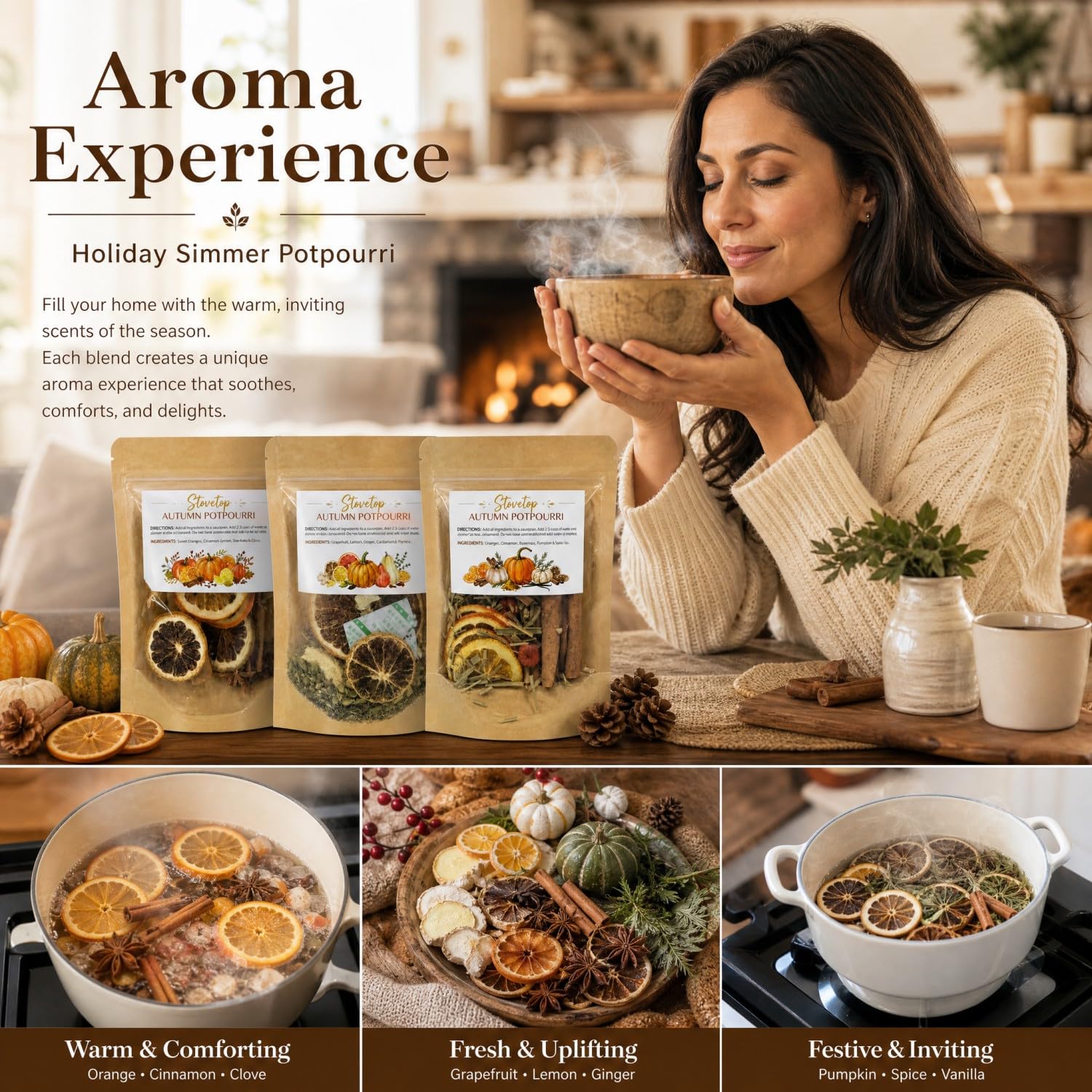 6 Stück herbstliche Potpourri mit getrockneten Orange, Zimt, Sternanis, Nelken, Rosmarin, Ingwer, Kardamom, Kürbisgewürz für Herbst, Erntedankfest, Gastgeberin, Einweihungsgeschenk