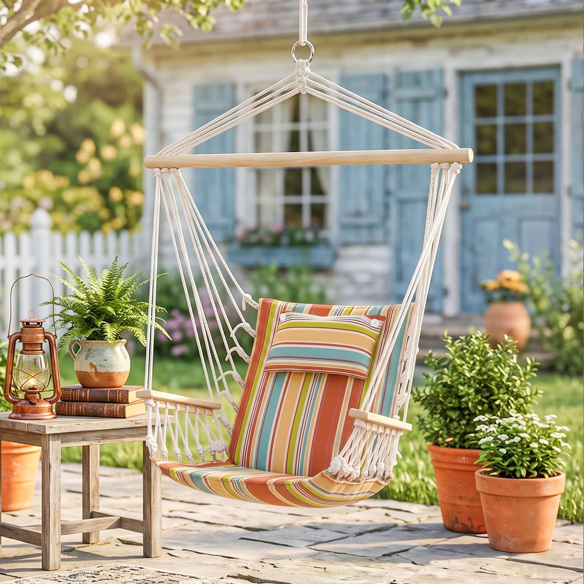 Outsunny Fotel wiszący huśtawka z poprzeczką, poduszką, wielokolorowy | Hak sufitowy, stelaż, fotel wiszący, do 100 kg, siedzisko wiszące, do wnętrz, na zewnątrz, ogród, taras