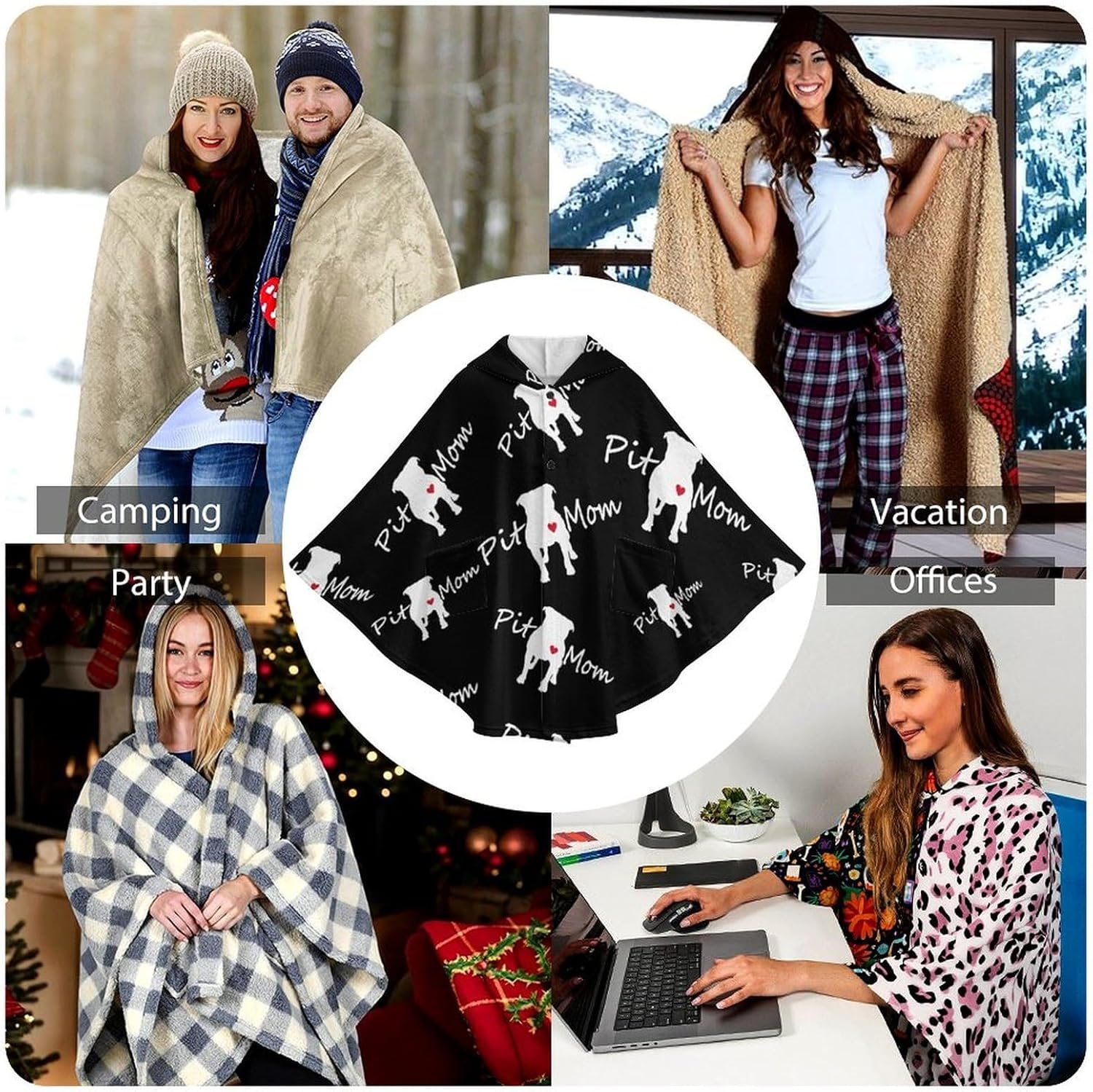 Pitbull Mom Wearable Blanket with Hooded Flannel Blankets Cape with Pocket