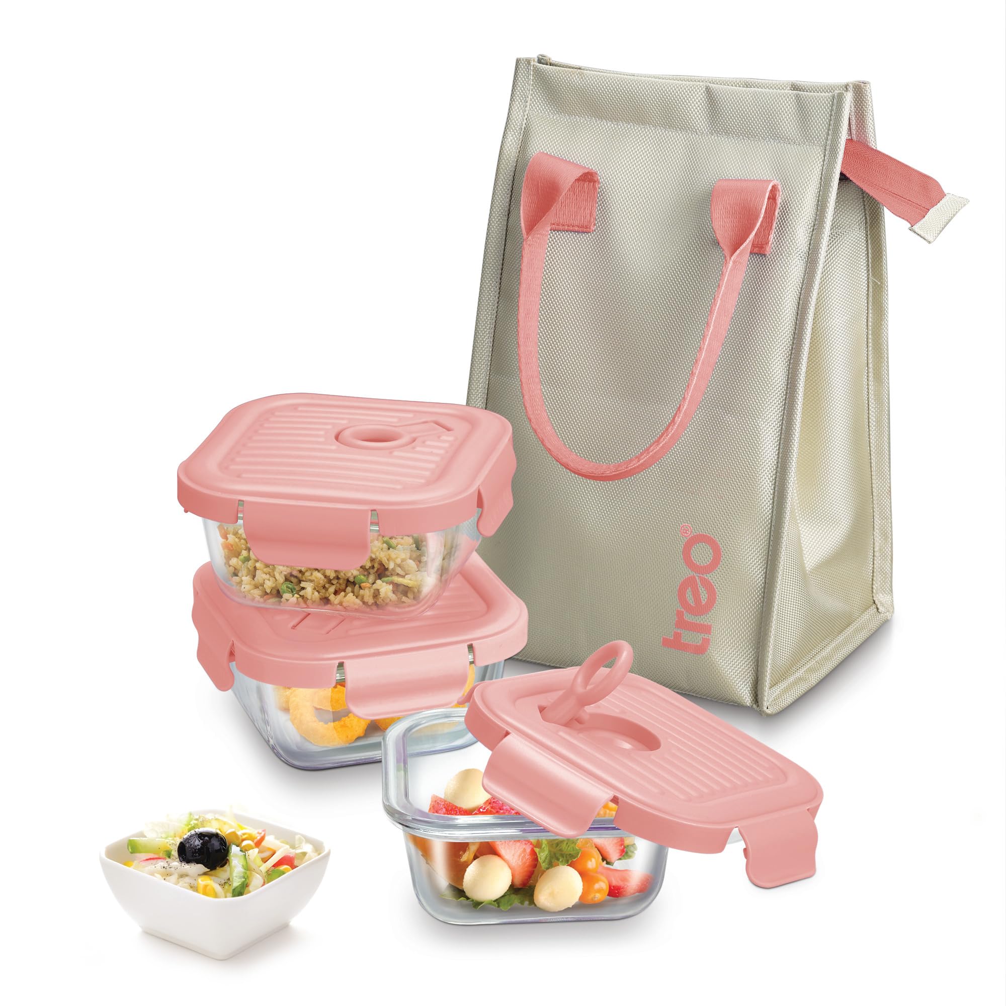 Treo by Milton Lumino Fresh Square Borosilicate Glass Lunch Box Set of 3, Peach Lid, 320 ml Each with Lunch Bag, Microwave & Dishwasher Safe, Leak Proof Containers Office Tiffin