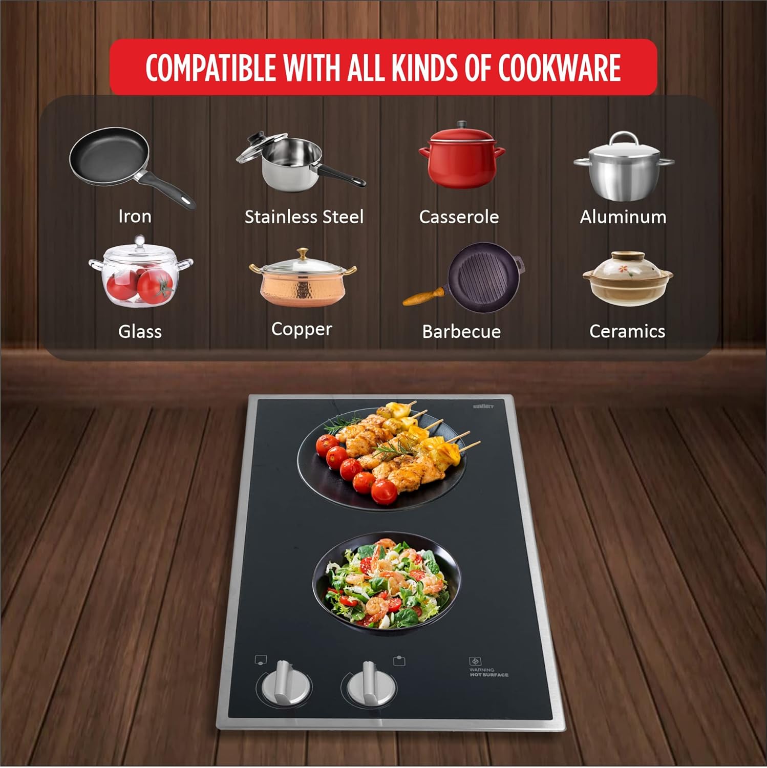 Summit CR2B12ST 12" Wide 115V 2-Burner Radiant Cooktop, Black Ceramic Glass, 1400W, ADA Compliant, Safety Heat Indicator, Easy to Clean, Cord Included, Hotel Suites, Extended Stay, Apartments, House