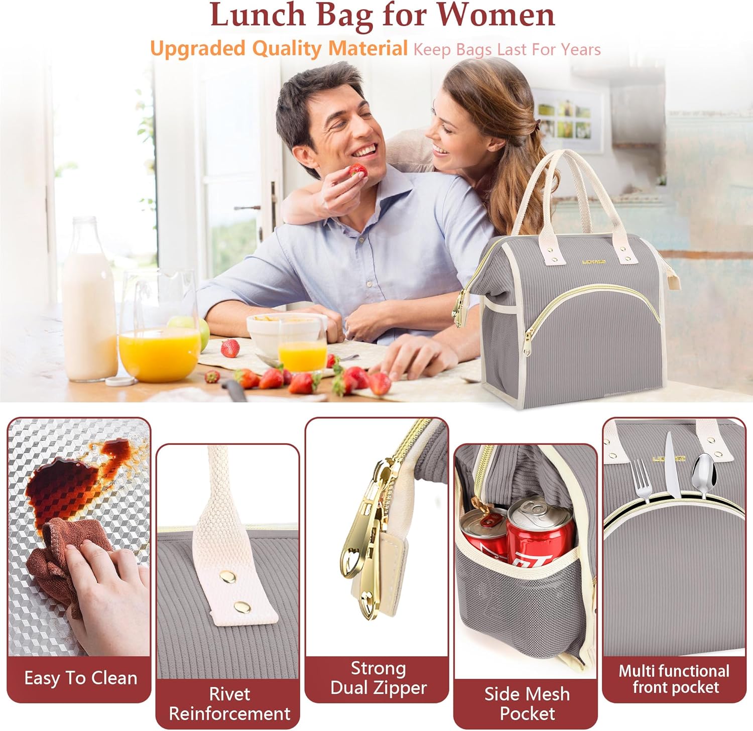 LOKASS Lunch Bag Women Insulated Lunch Box Wide-Open Lunch Tote Bag Large Cooler Bag for Work Picnic Hiking Beach（Dark Gray） - Image 5