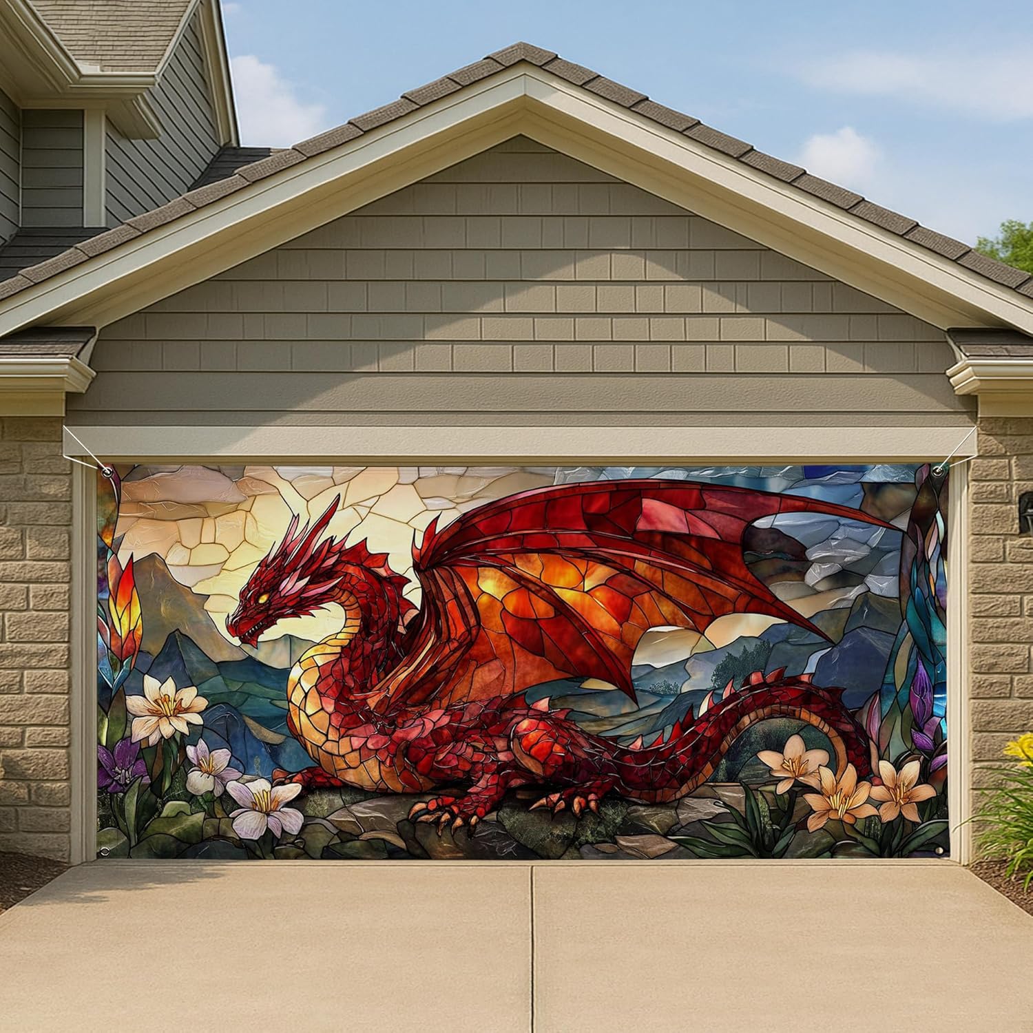 Stained Glass Dragon Garage Door Cover, Red Magical Fantasy Home Decor, Summer Outdoor Decoration 157x71 Inch
