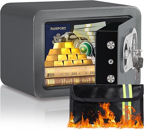 Vista 11 de Caja de seguridad de 0.23 pies cúbicos, pequeña, con bolsa ignífuga, llaves y código de acceso, caja de seguridad electrónica digital para dinero