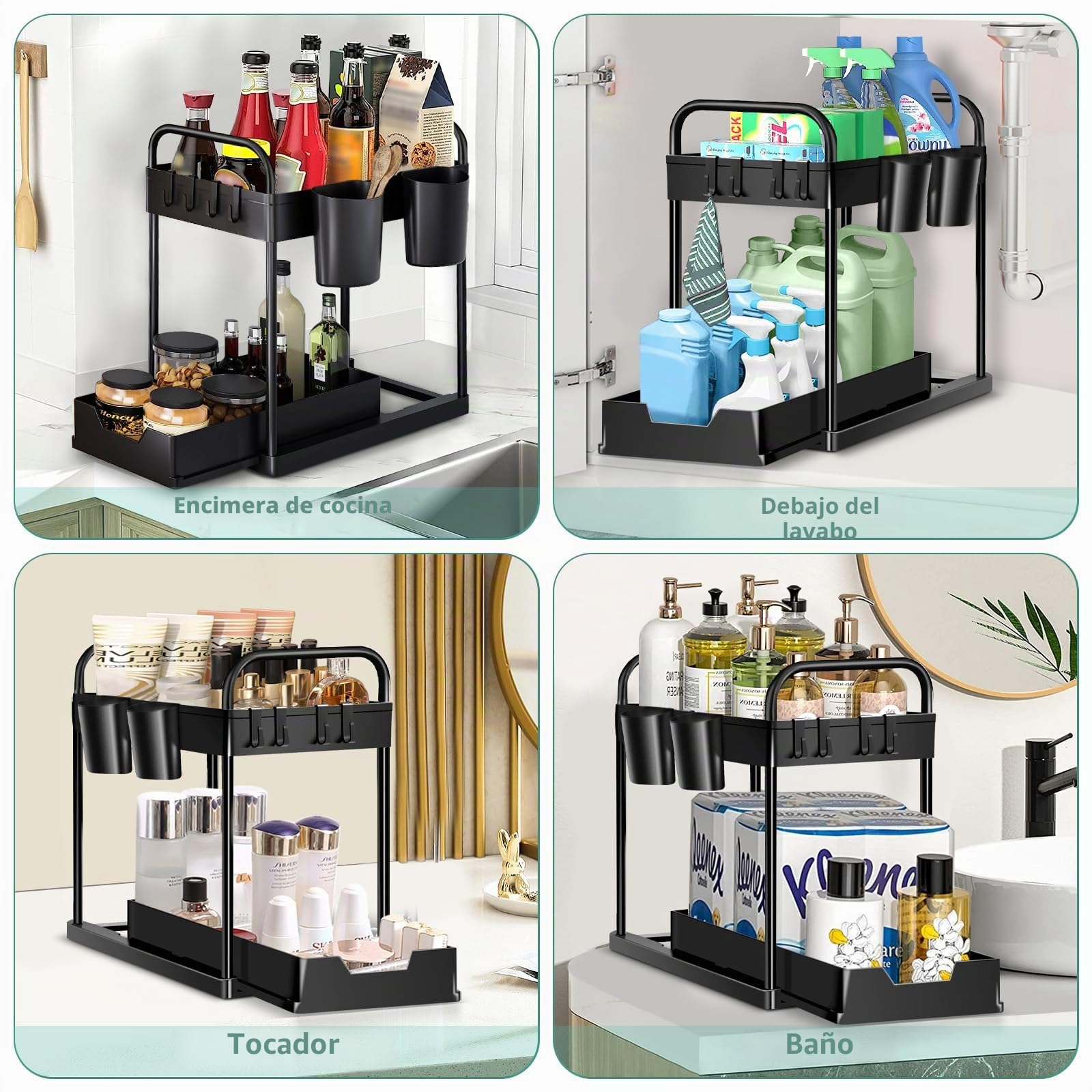 Estante para debajo del fregadero, organizador de cocina de 2 niveles, armario de cocina, armario extraíble con 4 ganchos y 2 tazas, cajón extraíble, estante para lavavajillas (negro, 1 pieza)