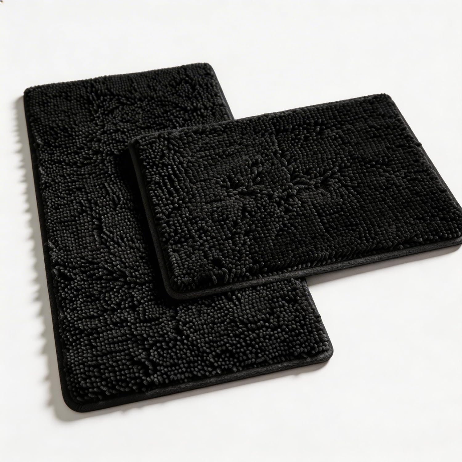 RUN HELIX Bathroom Rugs Set 2 Piece Thick Chenille Bath Mats, Soft Quick Dry Plush Absorbent Bath Rugs with Non-Slip PVC Backing, 32x20+24x16 Inch Black