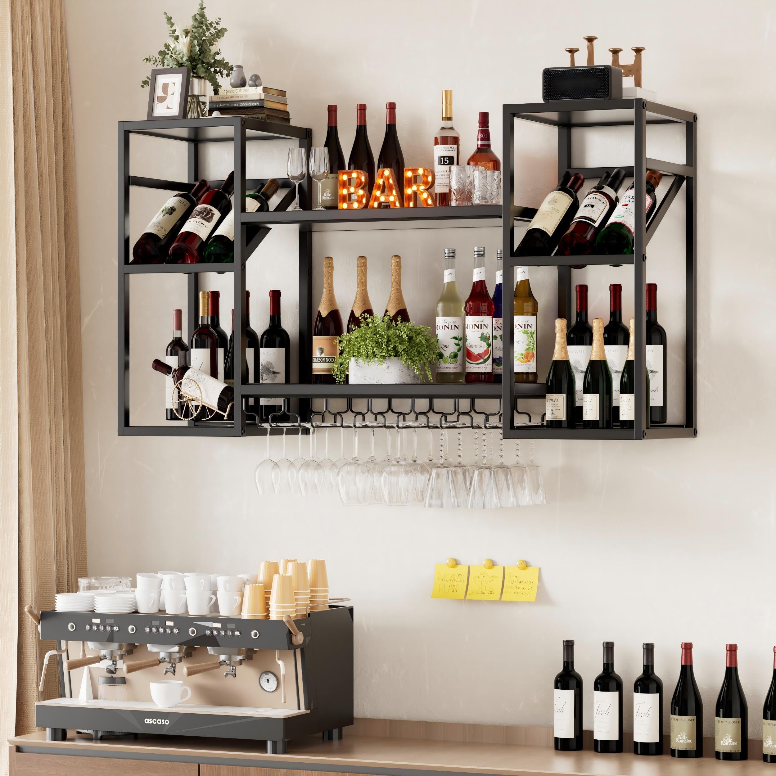 Wand-Weinregal Metall 120CM 3 Ebenen Weinregal Wand mit Glashalter Moderne Barregale für Spirituosen Multifunktional Weinpareite Display Rack für Hausbar Esszimmer Küche Restaurant,Schwarz 120*25*60CM