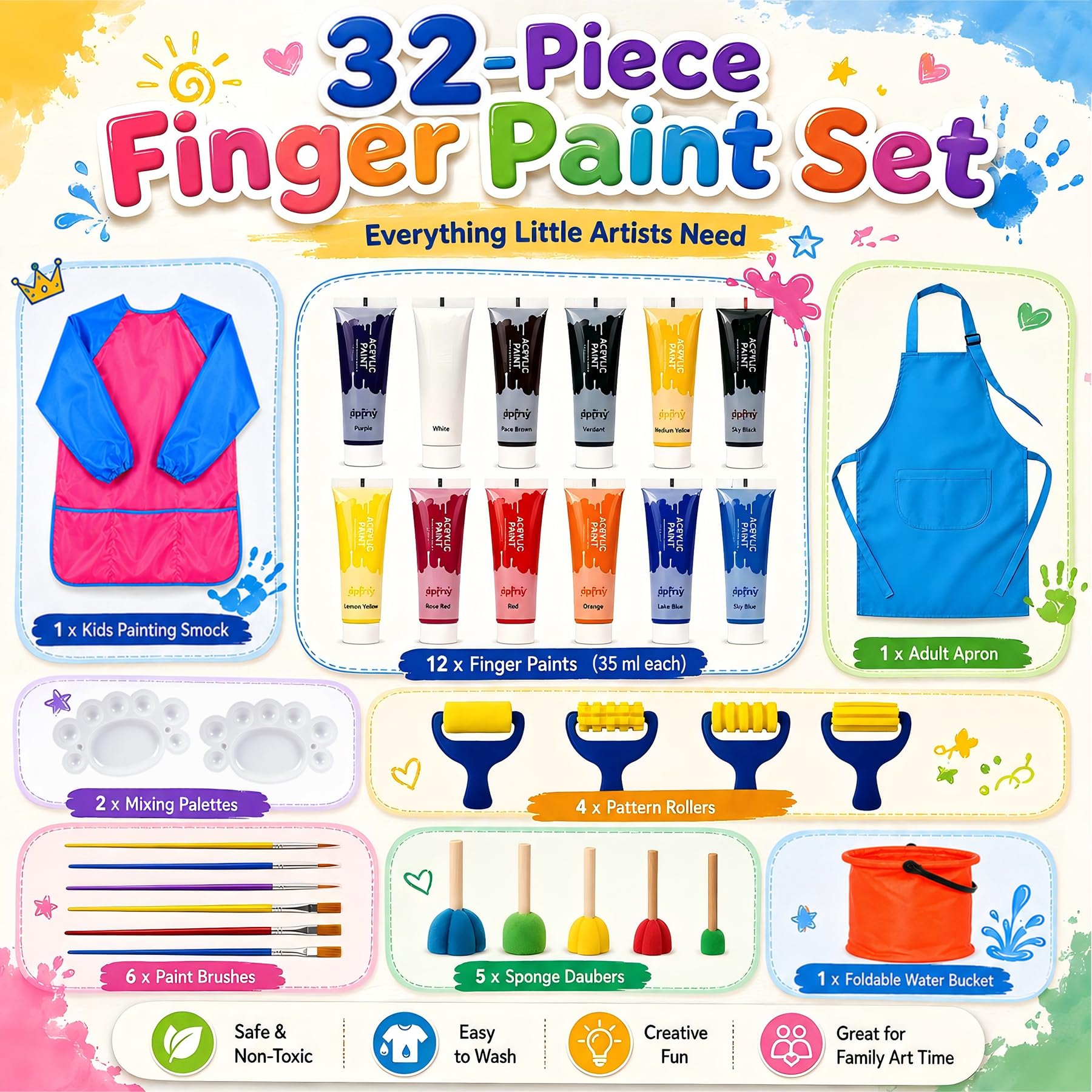 Set Pittura a Dita Bambini, 12 Colori da 35 ml, Pittura Lavabile con Pennelli, Spugne per Pittura, Tavolozza, Secchiello Pieghevole e Grembiuli Genitore-Bambino, Regalo Bambina 6-8 Anni (Rosso)