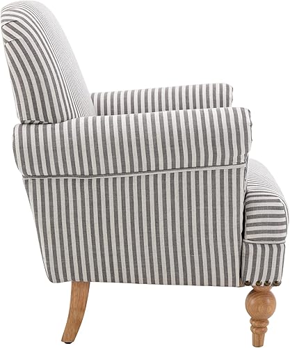 Miniatura 8 de Janoray Silla decorativa de lino de mediados de siglo moderna para sala de estar con ribete de cabeza de clavo y patas de madera, cómoda silla