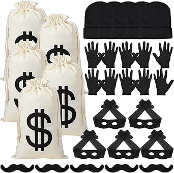 Ramede 25 Pcs Robber Costume Set with Masks, Mustaches, Gloves, Money Bags, and Hats for Adult Halloween Group Cosplay