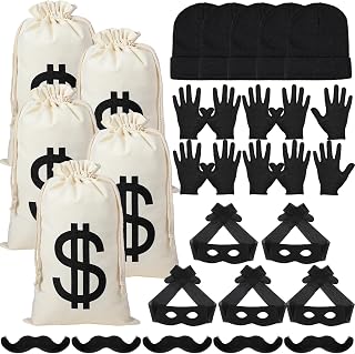 25 Pcs Robber Costume Set Robber Mask Fake Mustaches Black Glove Bag Hat Halloween Group Costumes for Men Women Adult Halloween Bank Thief Burglar Theme Party Cosplay Accessories