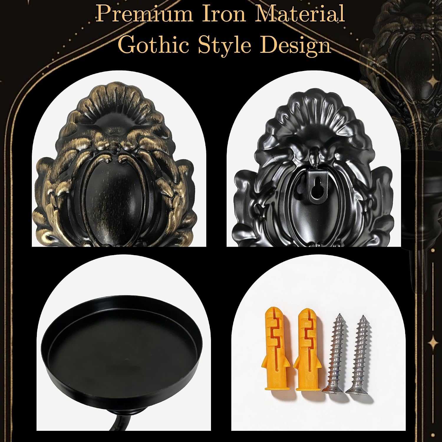 Candle Sconce, 2PCS Wall Candle Holder Vintage Iron Wall Mounted Candlestick Holder with Windproof Glass Dome for Home Decor 10.5"/26.7cm Black
