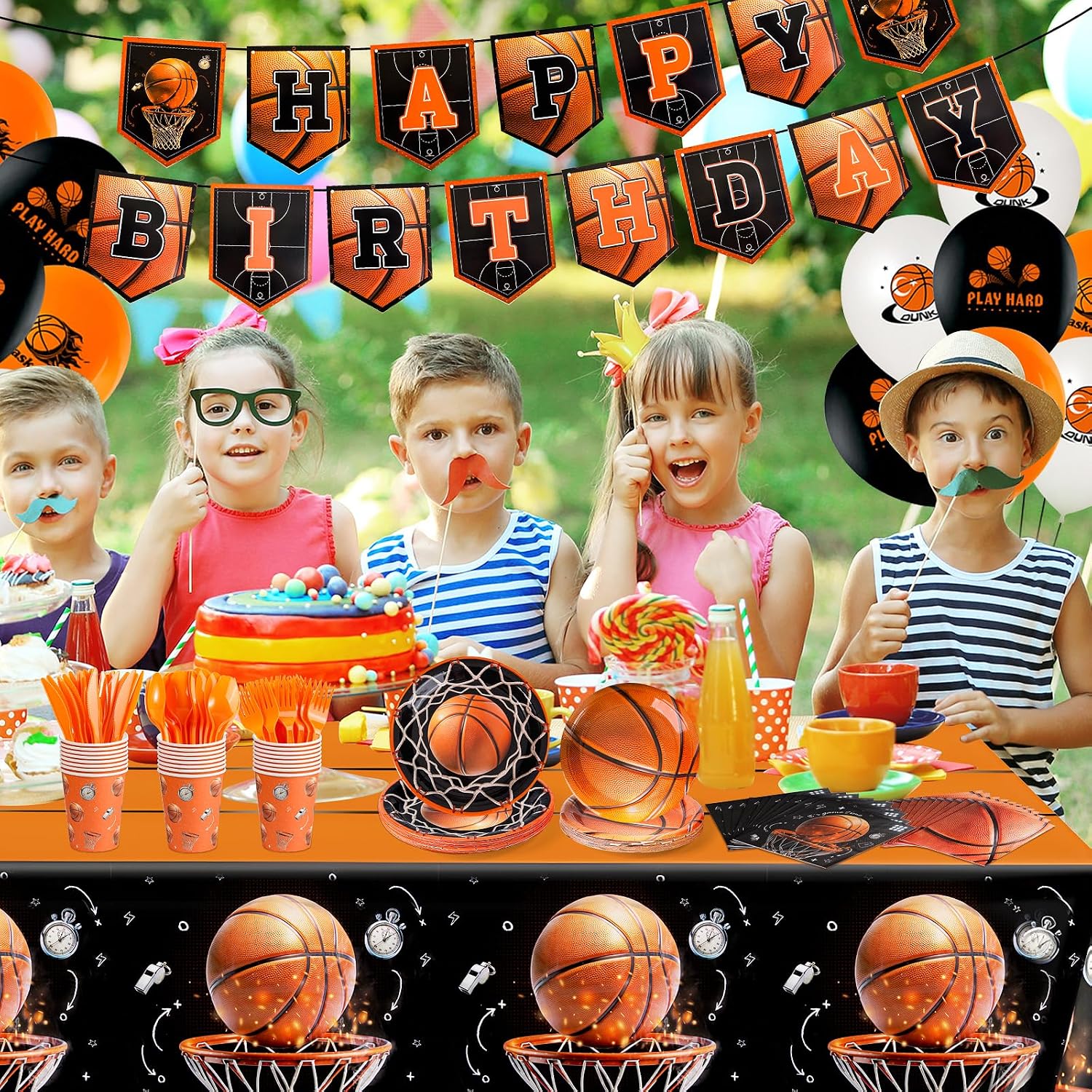 185 Pcs Basketball Party Decorations Basketball Birthday Party Decorations Serves 24, with Plates Napkins Cups Forks Knives Spoons Tablecloths Banner Balloons for Sport Basketball Party Supplies
