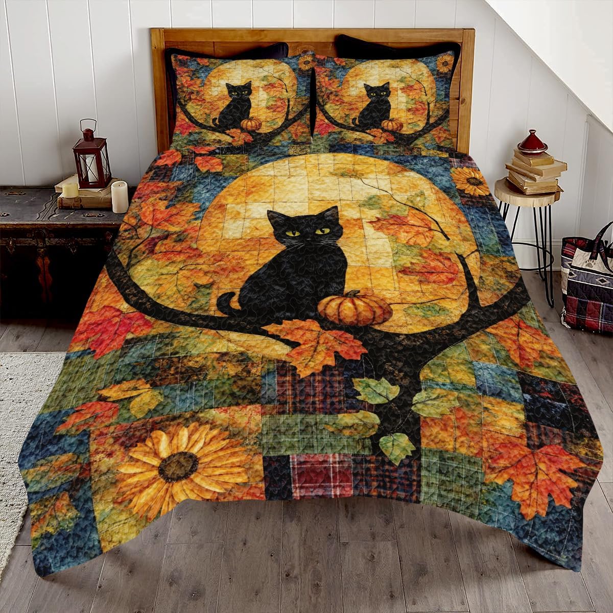 Fall Autumn Quilt - Black Cat Quilts King Size - Fall Leaf Patchwork Quilts Cute Cat Bedspread, Vintage Autumn Scene Quilt Twin Full Soft Lightweight Bedroom Decor Pumpkin Comforter