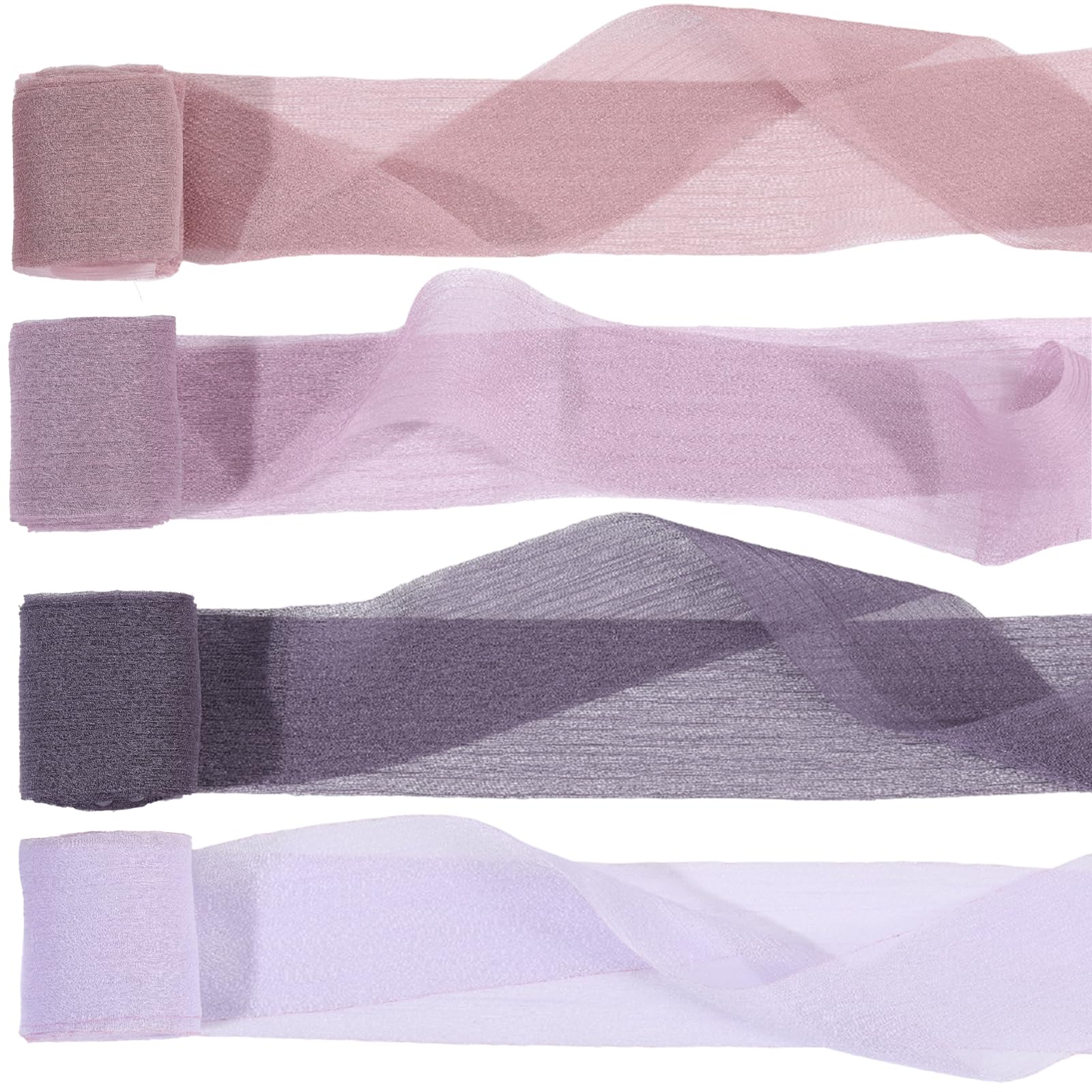 Chiffon-Knisterband, 4 Rollen, 15 m x 3,8 cm, Seidenband, Tüll, lila, für Hochzeit, Brautstrauß, Dekoration, Geschenkverpackung, Einladungen, Basteln