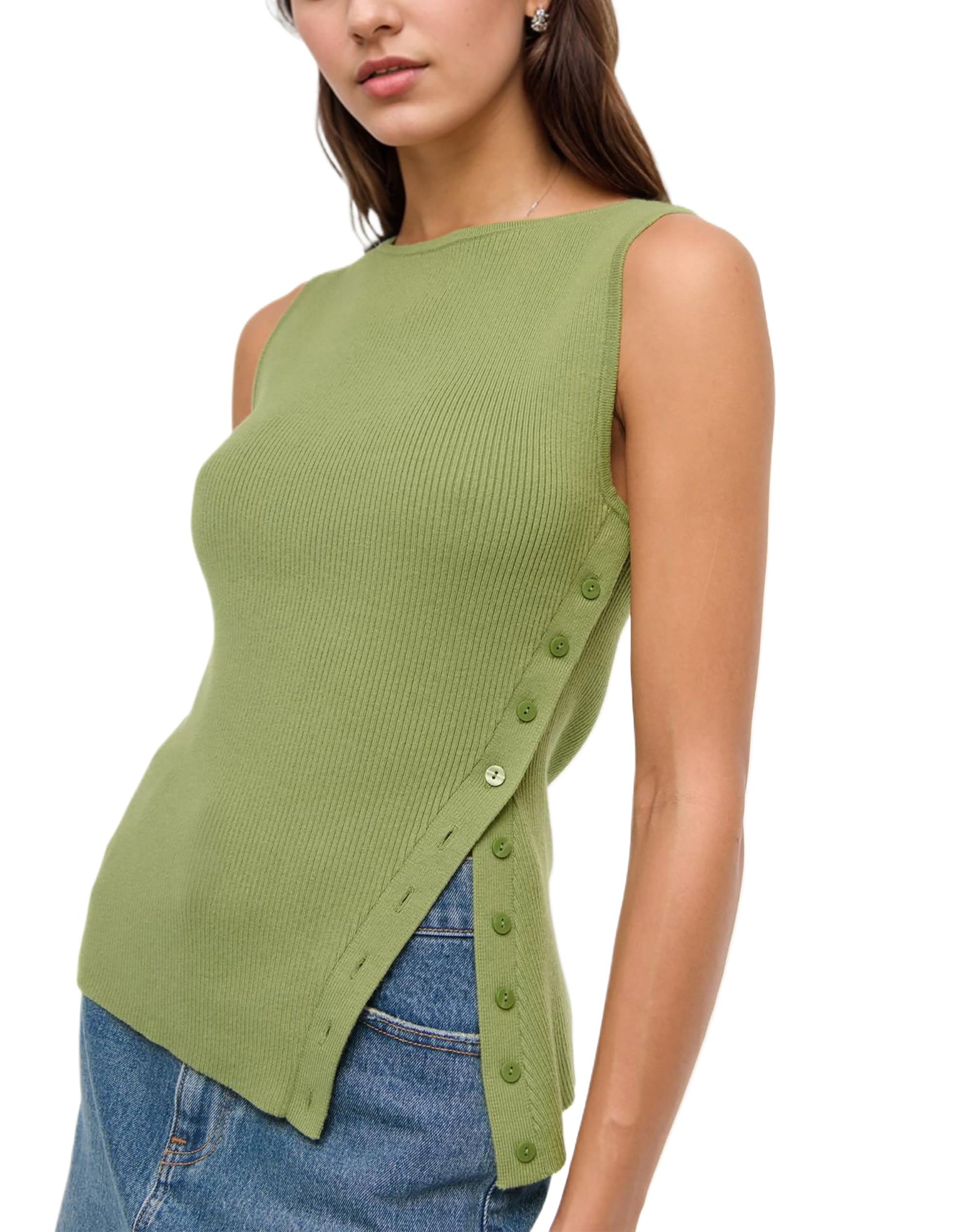 Ythomm Women Asymmetrical Side-Button Slit Tank Tops Sleeveless Boat Neck Ribbed Knit Sweater Vest Solid Slim Going Out 