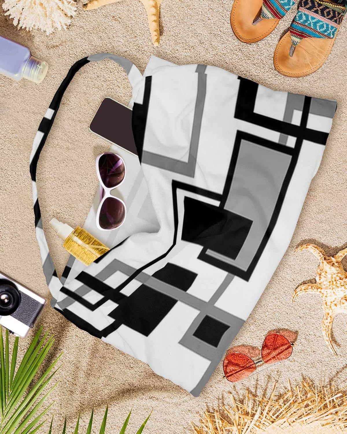 Black Grey Beach Pool Patio Lounge Chaise Chair Cover Towel With Pockets,Absorbent & Quick Dry Microfiber Towel Cover Bag Summer Accessories for Sunbathing Modern Geometric White Plaid Middle Century