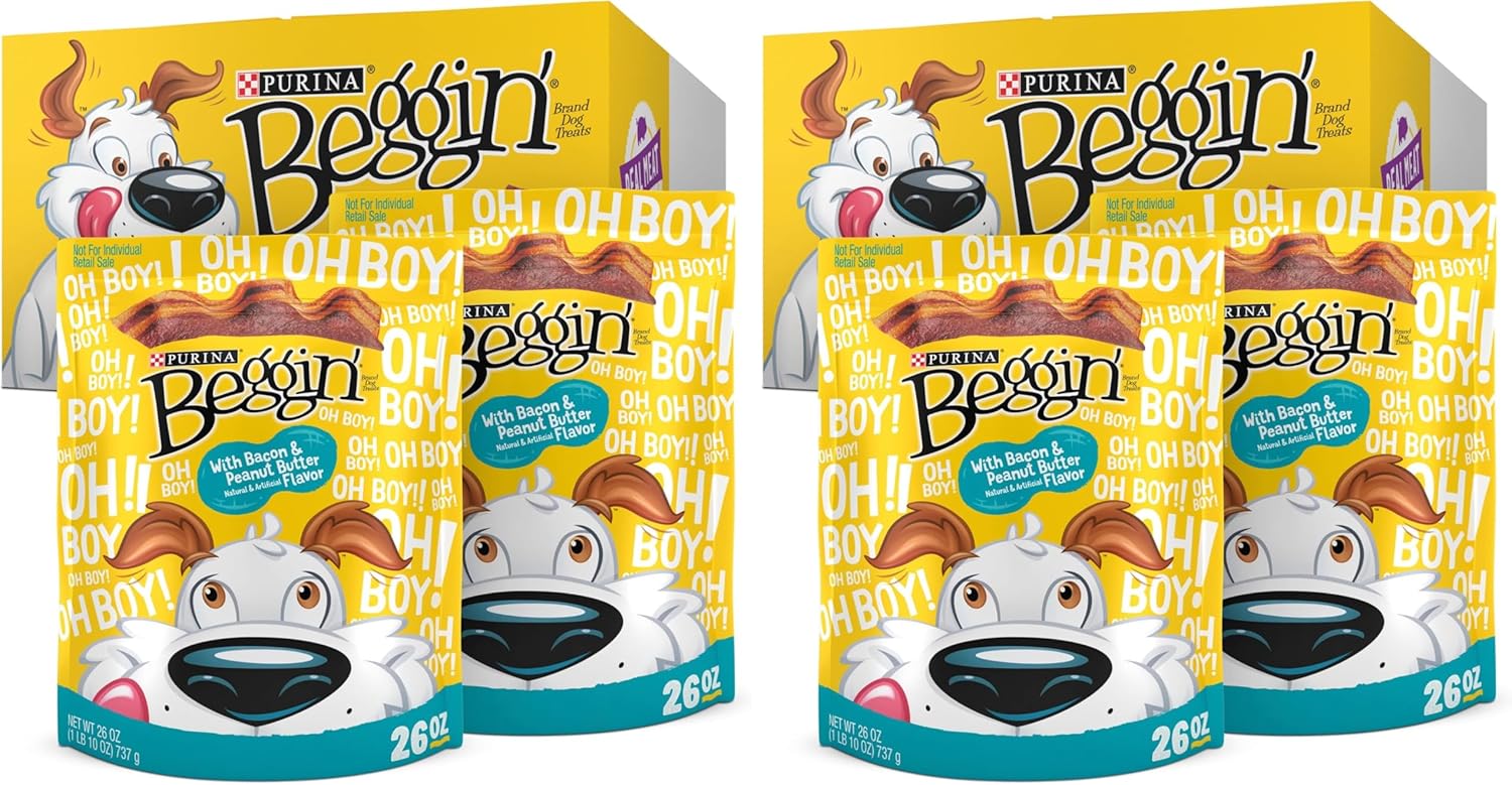 Purina Beggin' Strips with Real Meat Dog Treats,with Bacon and Peanut Butter Flavor - 26 oz. Pouches,(Pack of 4)