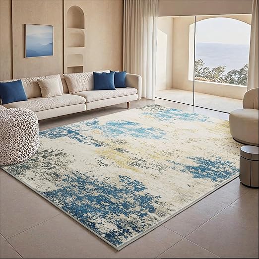 Carvapet 10x13 Area Rugs for Living Room, Blue Modern Abstract 10 x 13 Large Carpet, Low Pile, Foldable, Non Slip, Machine Washable, Rubber Backing Soft Area Rug for Bedroom, Dining Room, Home Office