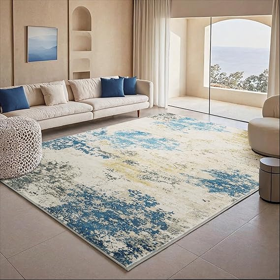 Carvapet 10x13 Area Rugs for Living Room, Blue Modern Abstract 10 x 13 Large Carpet, Low Pile, Foldable, Non Slip, Machine Washable, Rubber Backing Soft Area Rug for Bedroom, Dining Room, Home Office