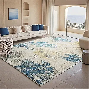 Carvapet 10x13 Area Rugs for Living Room, Blue Modern Abstract 10 x 13 Large Carpet, Low Pile, Foldable, Non Slip, Machine Washable, Rubber Backing Soft Area Rug for Bedroom, Dining Room, Home Office