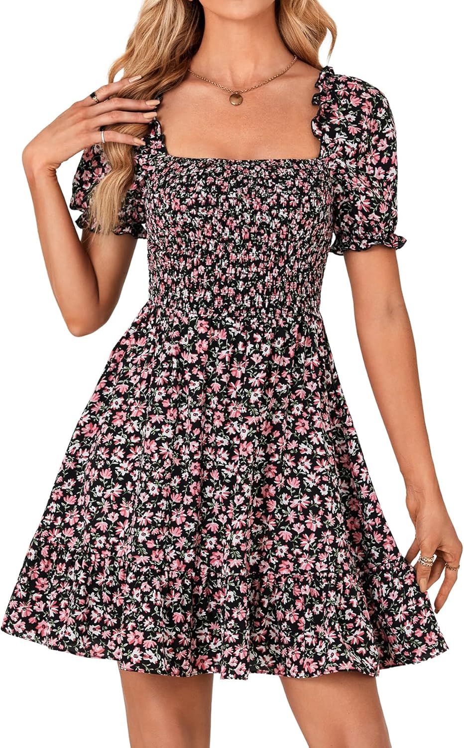 Rooscier Women's Summer Boho Floral Print Square Neck Smocked Ruffle Swing Beach Mini Dress - Image 2