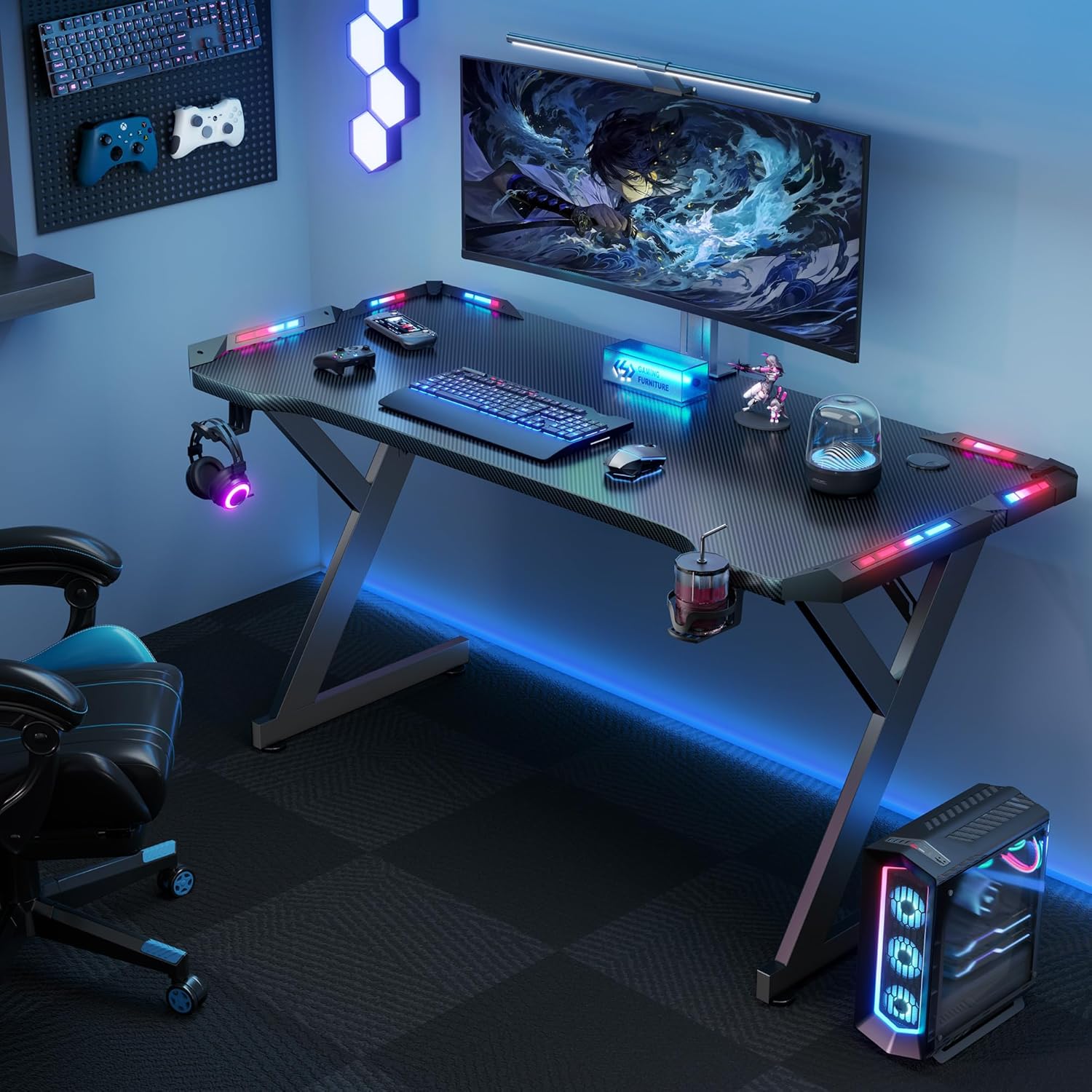 HLDIRECT 40 INCH Gaming Desk with LED Lights, Home Office Gamer Desk, Ergonomic Computer Table with Large Carbon Fiber Desktop, Office Workstation, Cup Holder & Headphone Hook, Black