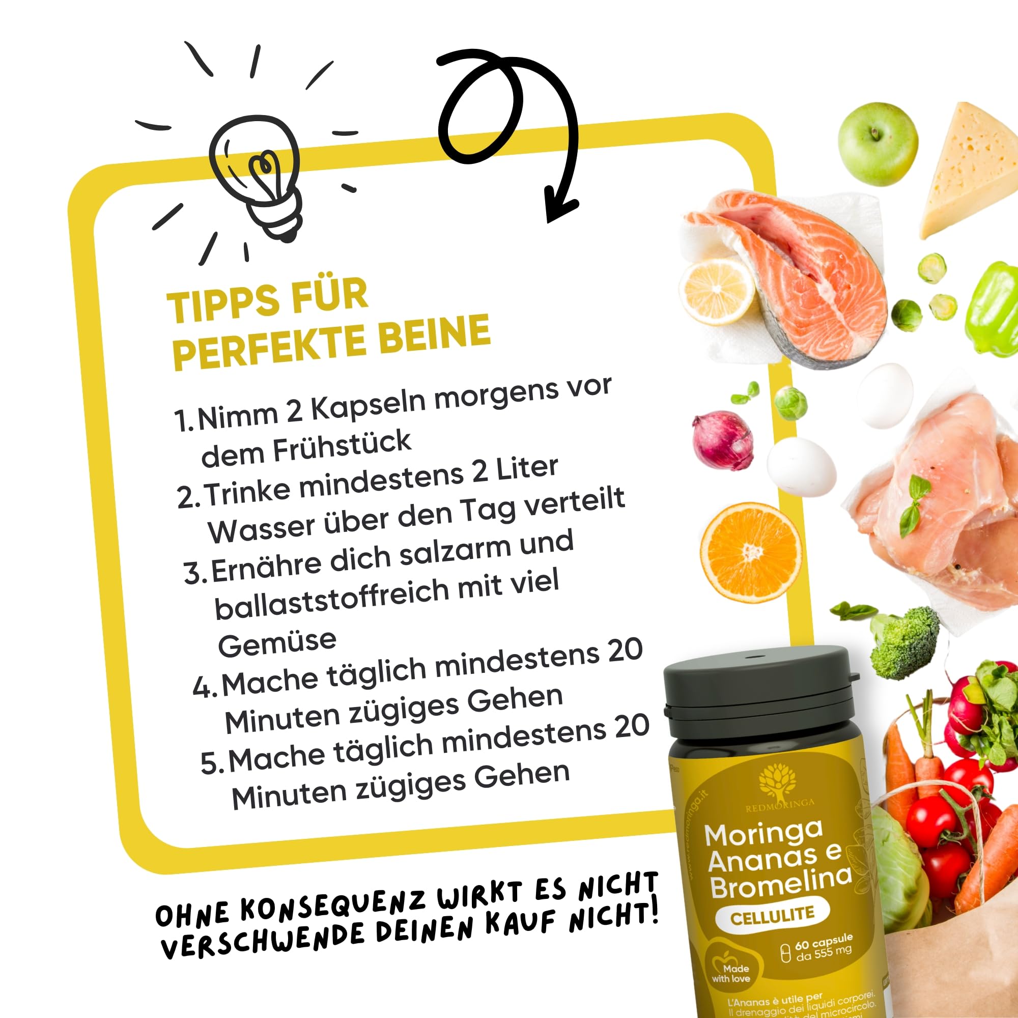 Bromelain Hochdosiert 5000 GDU – NEUE FORMEL 100% Natürlich Anti-Cellulite Komplex mit Bio Moringa, Ananas Enzym - 60 Vegane Kapseln - Made in Italy