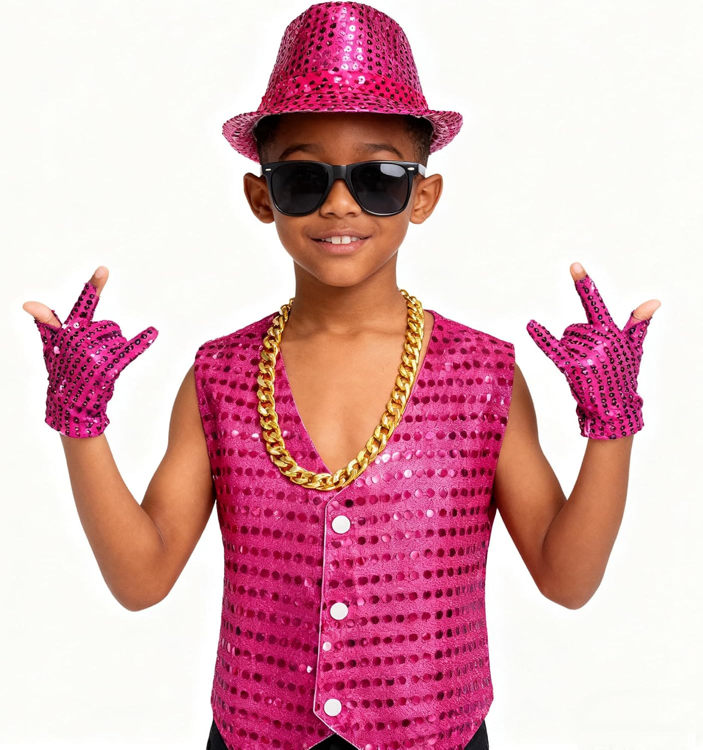 Kids Dance Hip Hop Jazz Costume Boys Sequin Vest Hat Glasses Set for Dance Party 3-12 Years