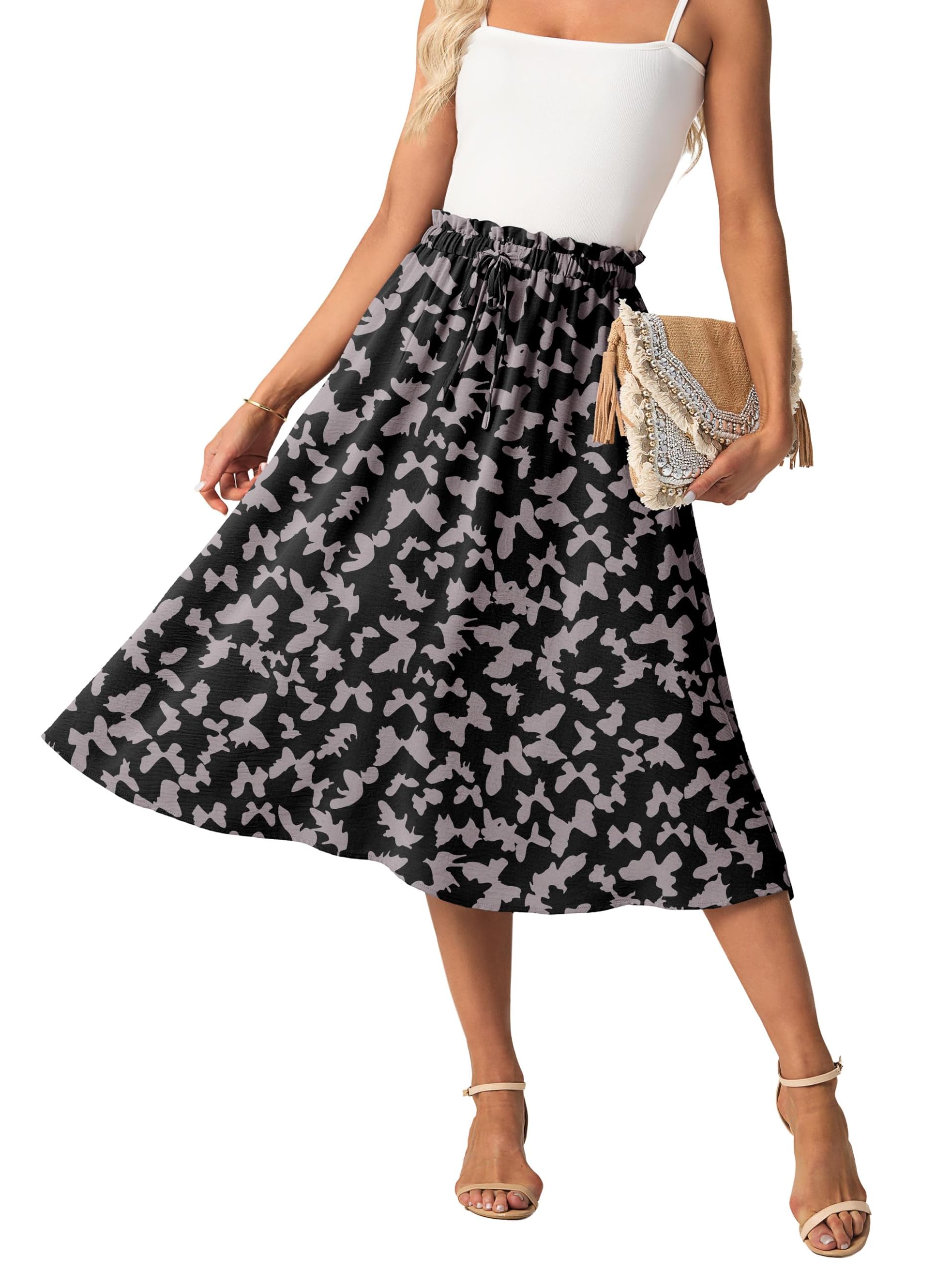 GRECERELLE Dames rok zomer midi-rok lange midi-rok A-lijn flowy met zakken licht en luchtig, Witte ananasbloem, L
