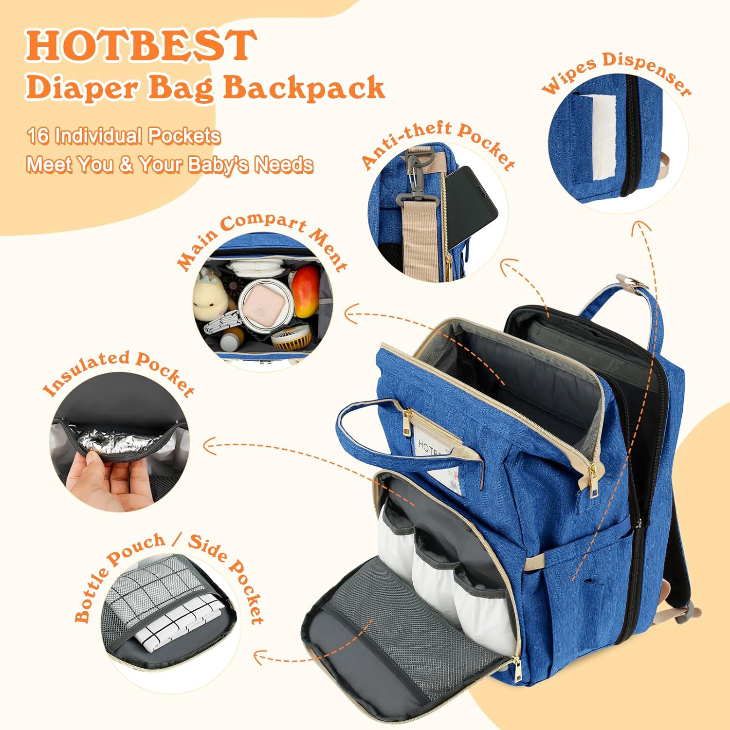 HOTBEST Diaper Bag Backpack with Changing Station, Baby Essentials Travel Tote Multi function Waterproof Bag, Stroller Straps & USB Port, Unisex Stylish Back Pack for Moms Dad - Haze Blue - Image 4