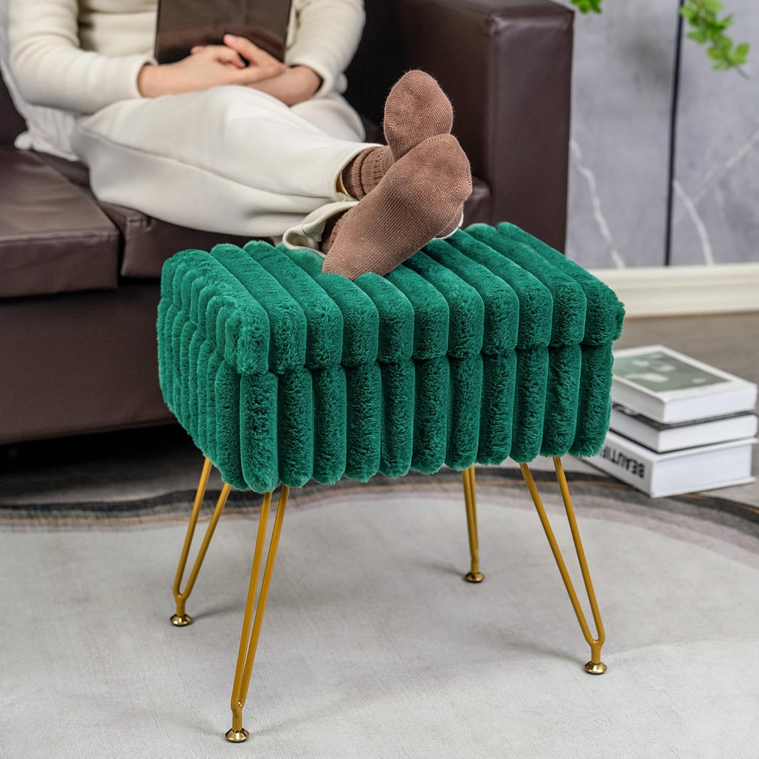 Faux Fur Green Vanity Stool Chair with Storage Ottoman, Vanity Chair for Makeup Room, Vanity Stools for Bedroom, Footrest with Metal Legs and as a Coffee Table, Green