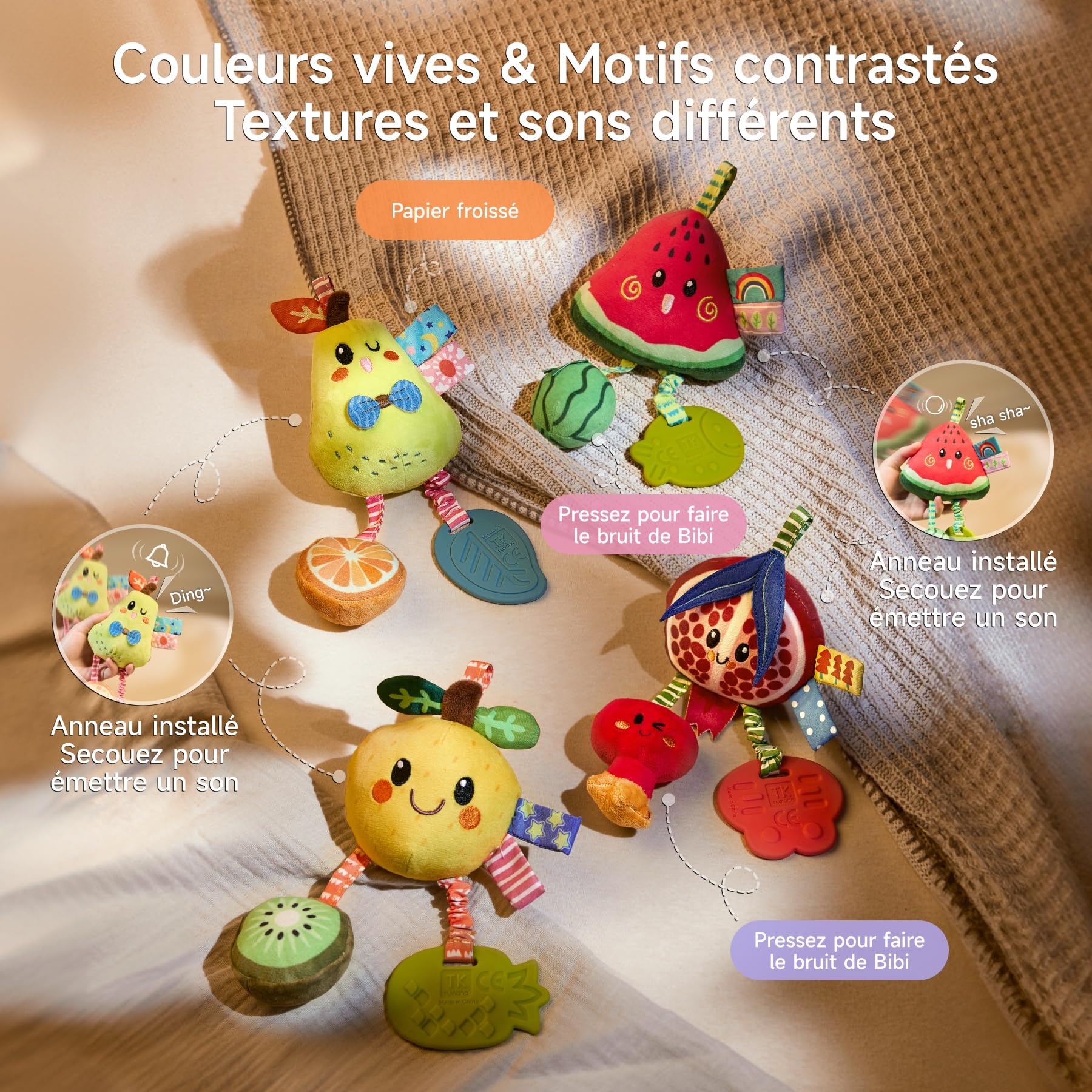 TUMAMA Hochet à suspendre pour landau de bébé de 0 à 3 à 6 à 9 mois, jouets d'apprentissage sensoriel pour nouveau-né avec son couineur et anneau de dentition, hochets en peluche citron pour siège