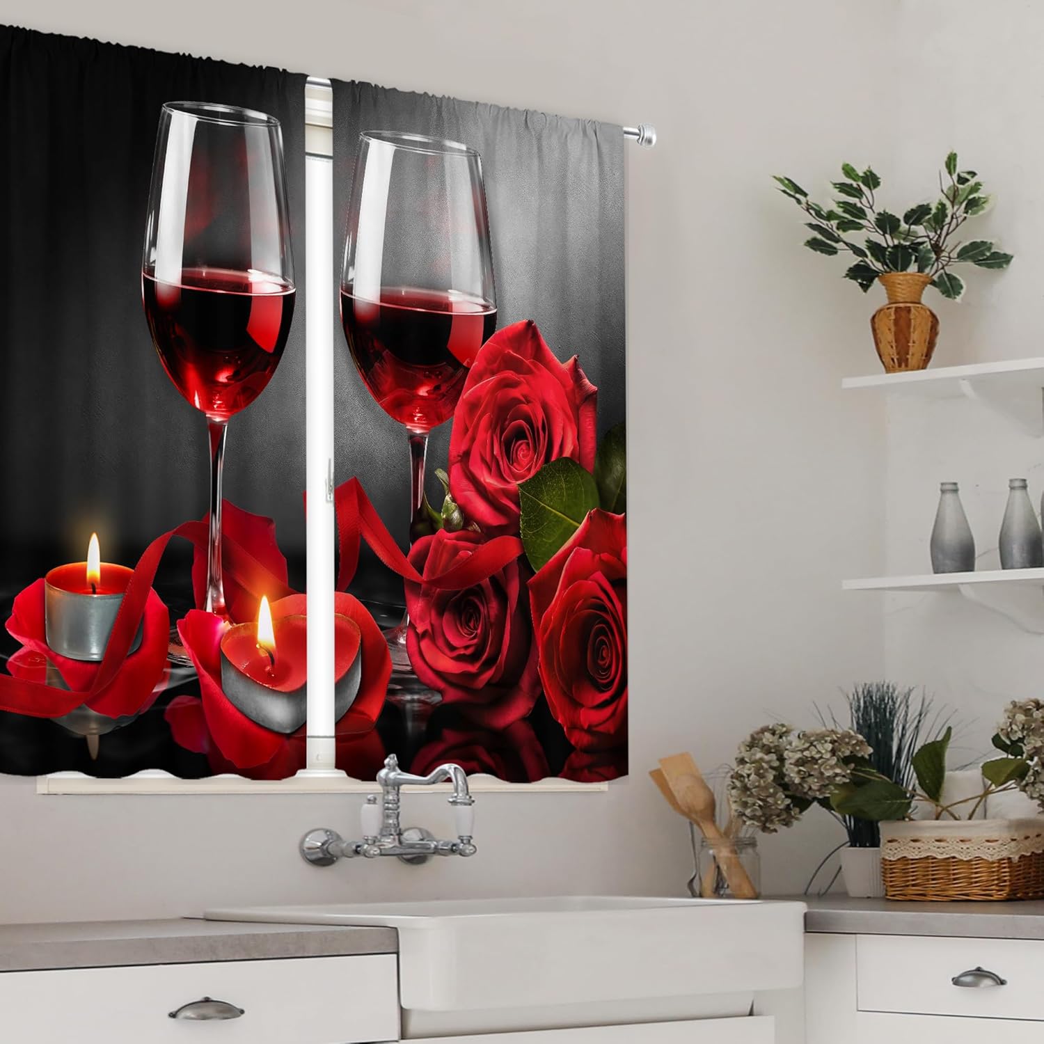 MESHELLY 赤いバラとワイン キッチンカーテン 幅27.5インチ x 高さ39インチ ロッドポケット レッド ブラック レディ