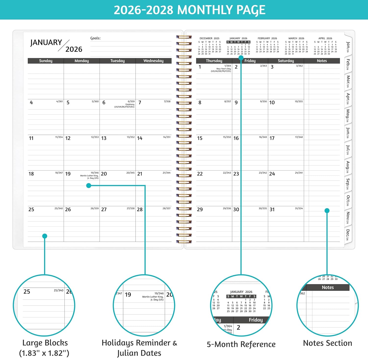Monthly Planner 2026-2028, 36 Months Calendar Planner 2026-2028 from Jan 2026 – Dec 2028, 8.5'' x 11'' with Ruled Spread, Flexible Cover, Spiral Wirebound, Pocket, Coated Tabs, Notes ＆ Habit Tracker thumbnail