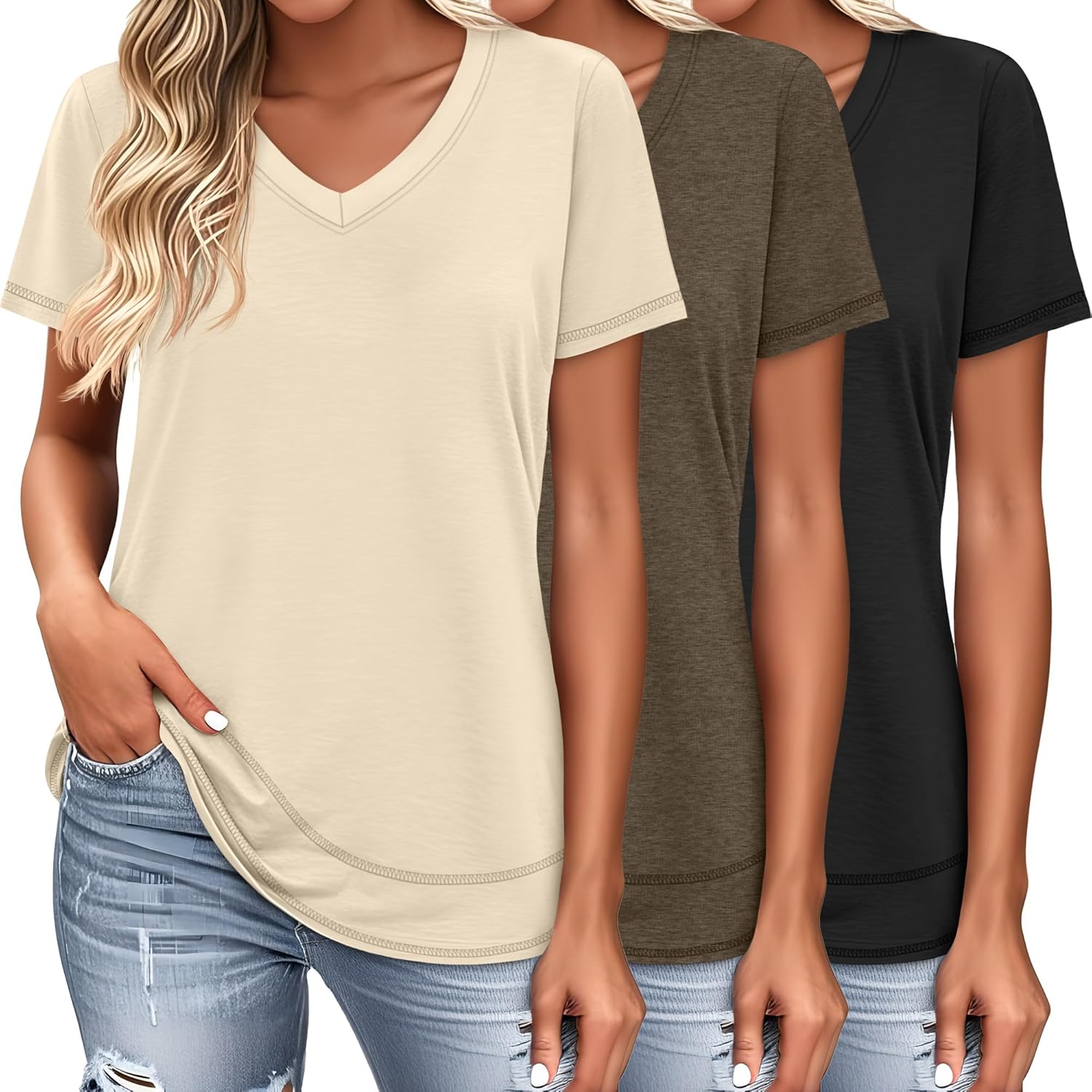 Riyiper 3 Pack Women’s V Neck T Shirts Flowy Loose Fit Top Casual Summer Curved Hem Tee