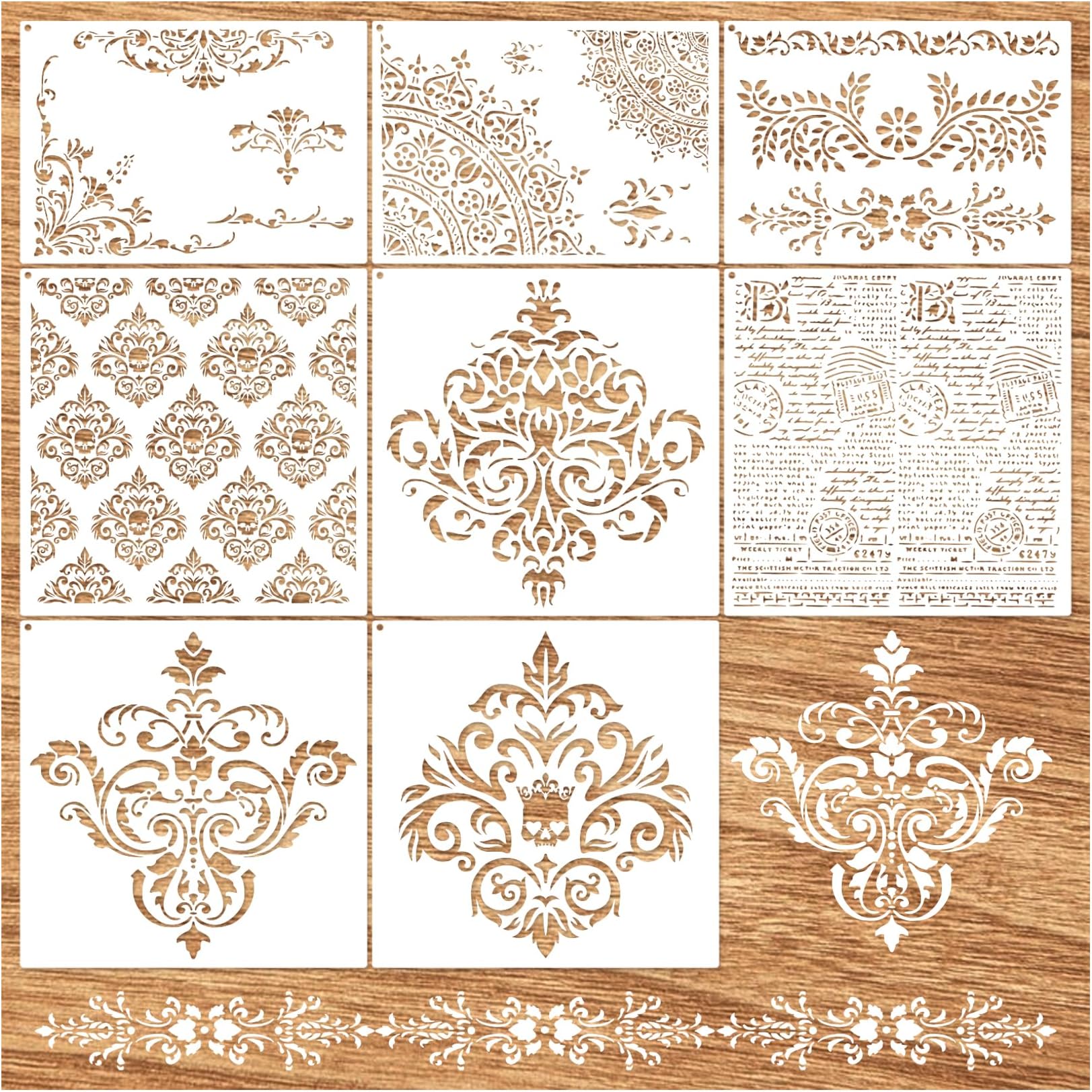 Large Damask Stencils for Walls Drawing Corner Border Stencil Reusable Layering Wall Stencils for Painting on Wood Furniture Patterns DIY Craft Canvas Fabric Decoration(demask)