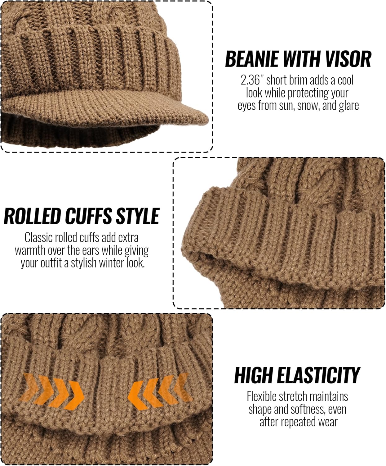Clakllie Winter Visor Beanie Stretchy Cable Knitted Hats Stylish Skullcap Cold Weather Ski Snow Caps Cadet Newsboy Cap - Image 7