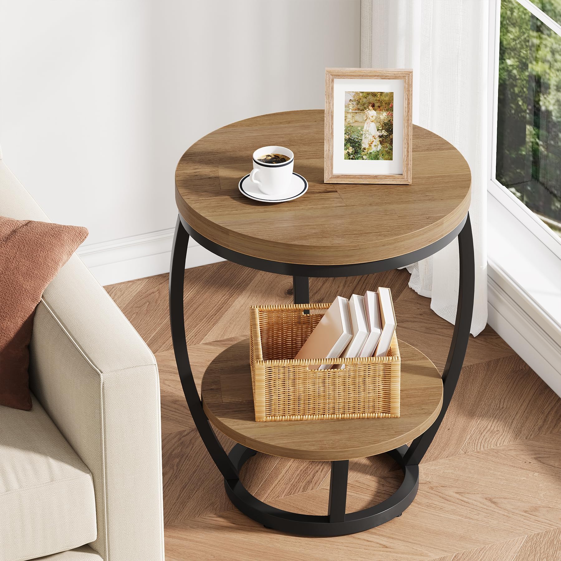 Round End Table, 2 Tier Industrial Side Table, Nightstand with Metal Frame, Accent Bedside Table with Storage Shelves for Living Room, Bedroom, Small Spaces, Light Brown & Black